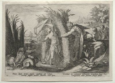 Pan achtervolgt Syrinx door after Hendrick Goltzius