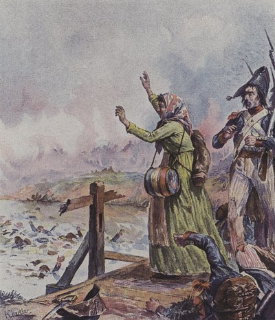 Een Franse Cantinière ziet haar man tussen een groep verdrinkende soldaten bij de Slag om Arcole, Italië, 1796 door after Henri Georges Jacques Chartier