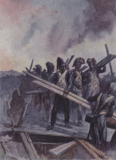 Franse soldaten bouwen een pontonbrug bij de Slag om Arcole, Italië, 1796 door after Henri Georges Jacques Chartier