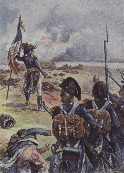 Generaal Augereau plant de vlag van het 1e Bataljon van het 99e Regiment voor hun linies bij de Slag om Arcole, Italië, 1796 door after Henri Georges Jacques Chartier