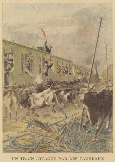 Een trein aangevallen door stieren door after Henri Meyer