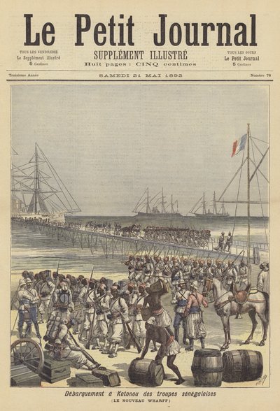 Senegalese troepen ontschepen bij de nieuwe kade van Cotonou, Dahomey door after Henri Meyer