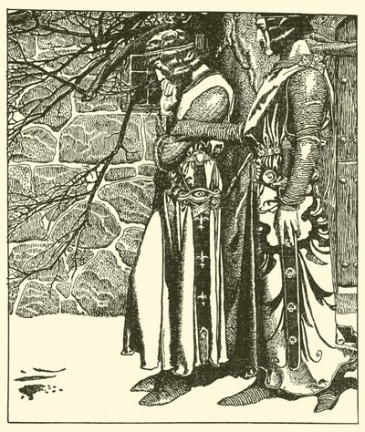 Sir Kay onderbreekt de meditatie van Sir Percival door after Howard Pyle