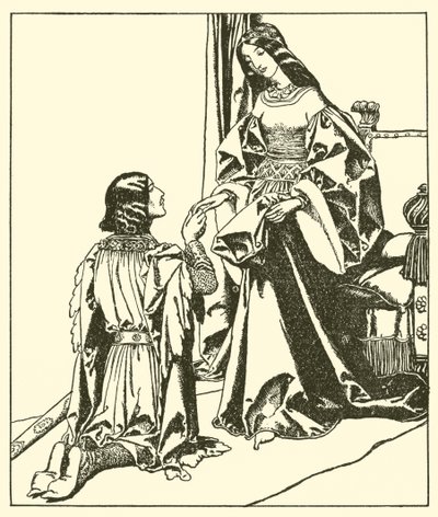 Sir Launcelot begroet Koningin Guinevere door after Howard Pyle