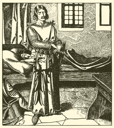 Sir Launcelot neemt de wapenrusting van Sir Kay door after Howard Pyle