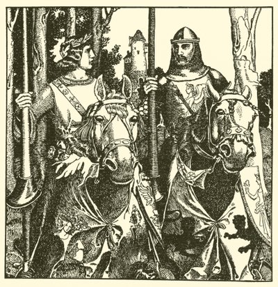Sir Percival en Sir Lamorack rijden samen door after Howard Pyle