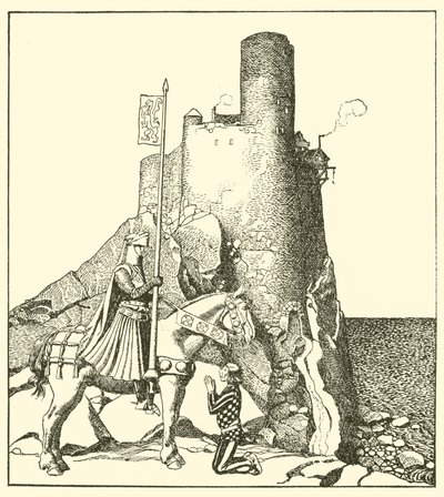 Sir Tristram komt naar het kasteel van Sir Nabon door after Howard Pyle