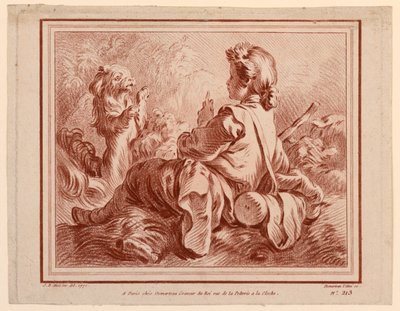 Zittende herder die met een hond speelt door after Jean Baptiste Huet