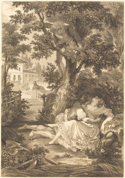 De weddenschap van de drie koopvrouwen: De perenboom door after Jean Baptiste Mallet