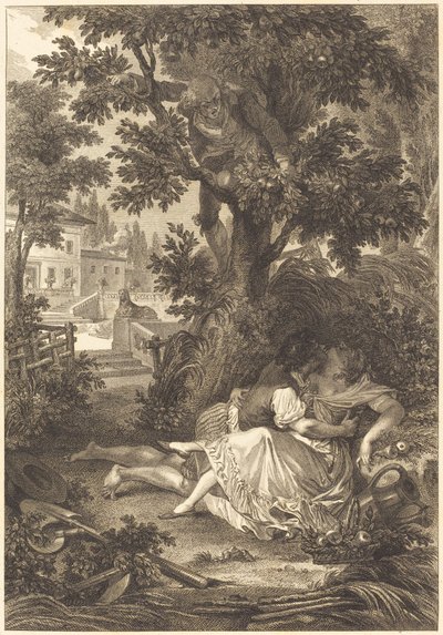 De weddenschap van de drie kletskousen: De perenboom door after Jean Baptiste Mallet