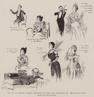 Ten Bate van Britse Verpleegsters, Schetsen in het Cafe Chantant in het Hotel Cecil door after John Duncan