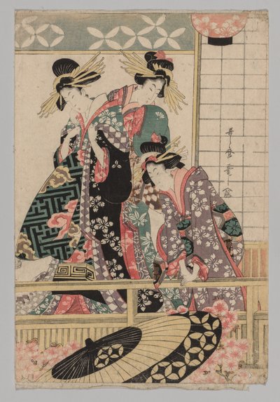 Yoshiwara-vrouwen kijken de straat in in de lente door after Kitagawa Utamaro
