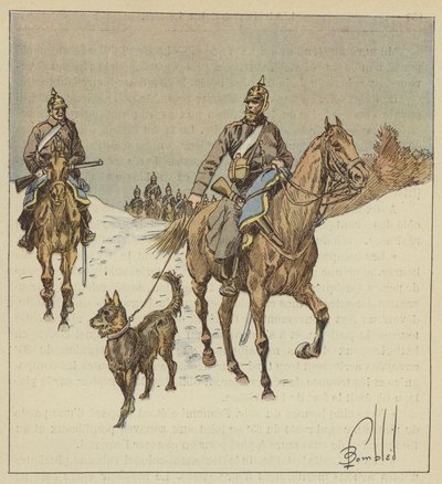 Pruisische ruiters op verkenning, voorafgegaan door honden aan de lijn door after Louis Charles Bombled