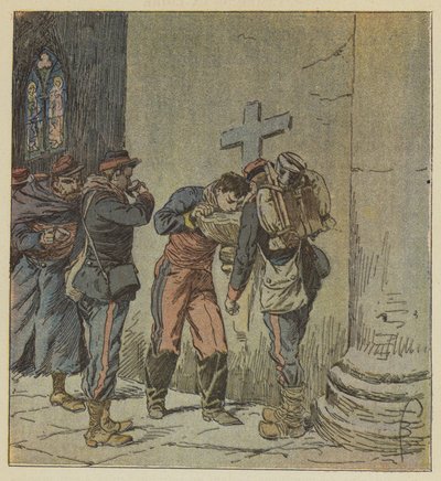 In de kerk van Villiers delen stervende Franse gevangenen het water uit een wijwatervat door after Louis Charles Bombled