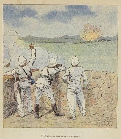 Explosie van het Hova-fort van Farafate door after Louis Charles Bombled
