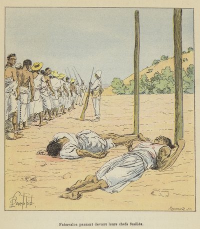 Fahavalos marcheren voor hun gefusilleerde leiders door after Louis Charles Bombled