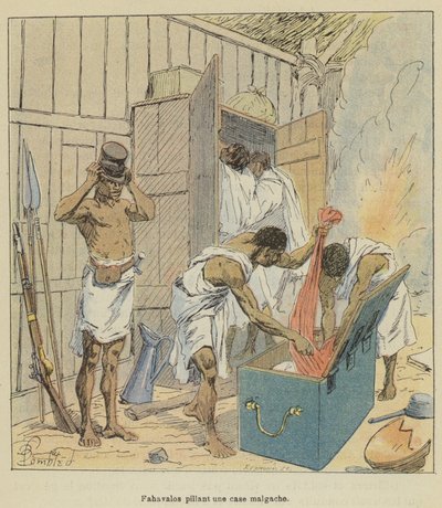 Fahavalos plunderen een Malagassisch huis door after Louis Charles Bombled