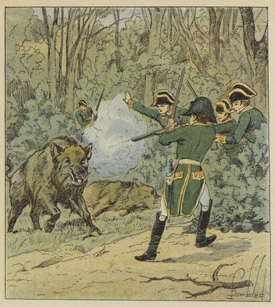 De keizer jaagt op wilde zwijnen in het bos van Marly door after Louis Charles Bombled