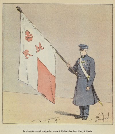 De koninklijke Malagassische vlag overhandigd aan het Hôtel des Invalides in Parijs door after Louis Charles Bombled