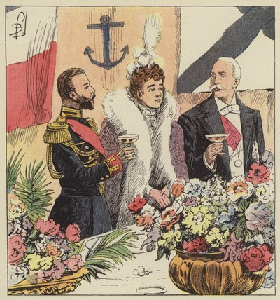 Tsaar Nicolaas II proclameert de Frans-Russische alliantie aan boord van de Pothuau door after Louis Charles Bombled