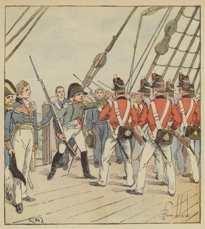 De Keizer geeft de soldaten van de Bellerophon bevelen door after Louis Charles Bombled