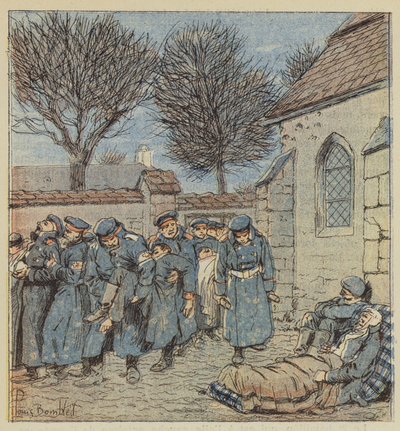 De gewonden in de binnenplaats van de pastorie van Lorcy door after Louis Charles Bombled