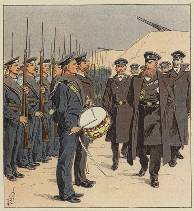 Russische matrozen bij inspectie in Port-Arthur door after Louis Charles Bombled