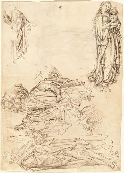 Sint Christoffel, Sint Johannes de Doper, de Maagd en Kind, en Christus Zegent (recto) door after Martin Schongauer Master of the Drapery Studies