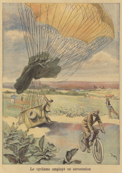Een fietser vertrekt na door een ballon te zijn gedragen door after Oswaldo Tofani