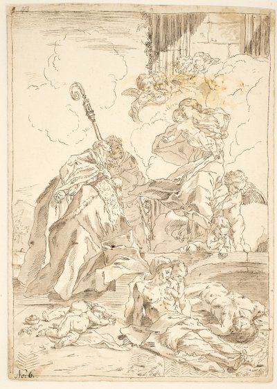De Madonna en Kind verschijnen aan twee mannelijke heiligen tijdens een pestuitbraak door after Pietro Testa