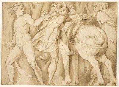 Scène uit de Romeinse geschiedenis? Een man die een paard bestijgt dat wordt vastgehouden door een naakte man door after Polidoro da Caravaggio