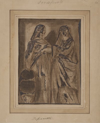 Twee staande Romeinse matrons, een met een schild door after Polidoro da Caravaggio