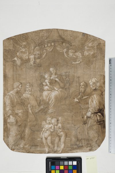 Madonna en Kind met St. Petrus, Bernard (of Bruno), Jacobus, Augustinus en vier engelen, Madonna del Baldacchino door after Raphael