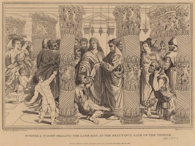 St. Petrus en St. Johannes genezen de Lamme Man bij de Mooie Poort van de Tempel, Handelingen door after Raphael