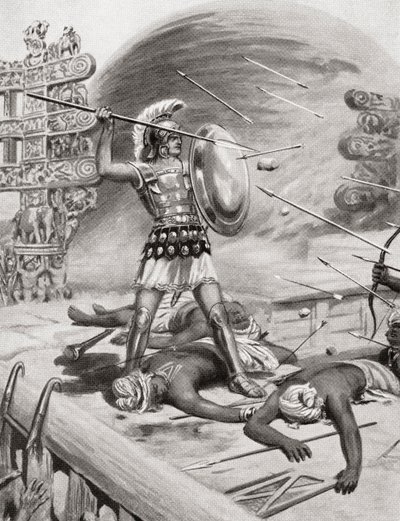 Alexander de Grote vecht tegen de Assacani bij de versterkte stad Massaga, India tijdens zijn Indiase Campagne in 326 v.Chr., uit Hutchinsons Geschiedenis van de Naties, pub.1915 door after Robert Dudley
