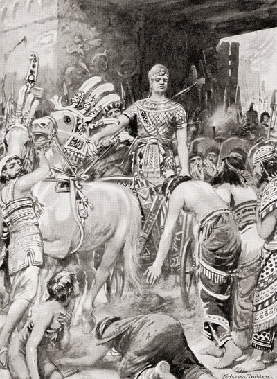 Psamtik I van Egypte betreedt de stad Azotus of Ashdod, uit Hutchinsons Geschiedenis van de Naties, pub.1915 door after Robert Dudley