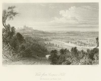 Uitzicht vanaf Coopers Hill, met Runnemede en Windsor Castle door after Thomas Allom