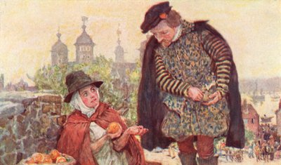 Shakespeare koopt een sinaasappel van twee pence bij een fruitverkoper op Tower Hill, Londen door after William Hatherell