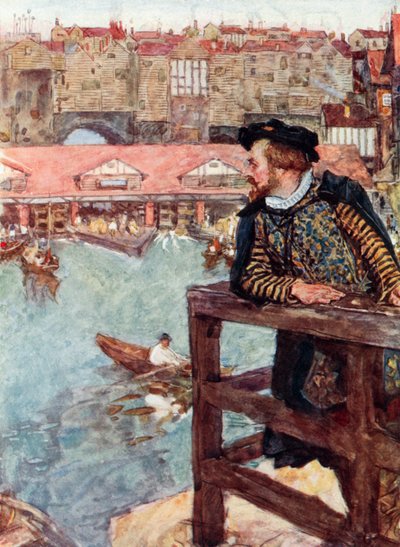 Shakespeare kijkt naar de watermolens onder de London Bridge door after William Hatherell