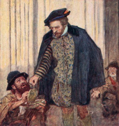 Shakespeare geeft een cent aan een bedelaar door after William Hatherell