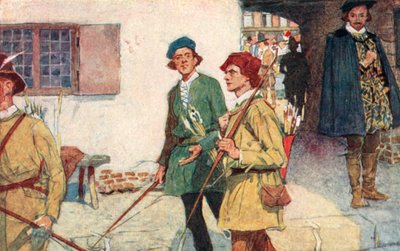 Shakespeare ziet een groep leerlingen met hun bogen en pijlen op weg naar het boogschietterrein in Moorfields, Londen door after William Hatherell
