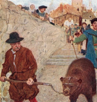 Shakespeare kijkt naar een beer op weg naar de Bear Garden in Bankside door after William Hatherell