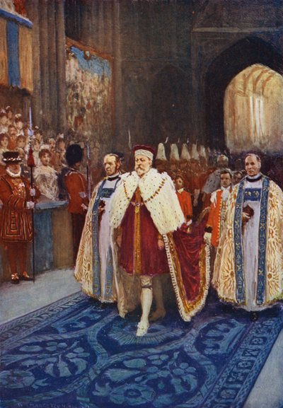 Koning Edward VII betreedt Westminster Abbey tijdens zijn kroning door after William Henry Margetson