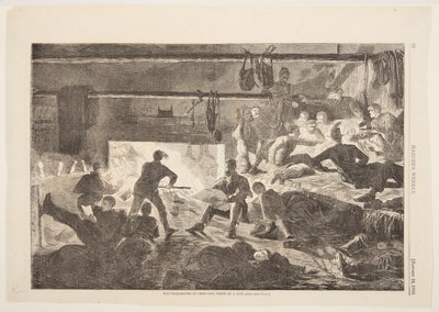 Winterkwartieren in kamp – De binnenkant van een hut door after Winslow Homer