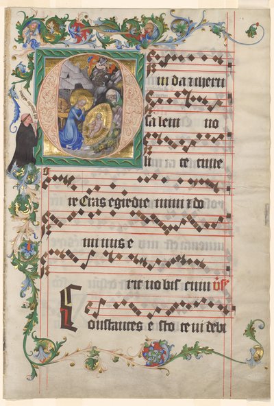 Bifolio uit een Antifonarium: Geïllustreerde Initiaal O met de Geboorte door after a work attributed to Zhou Wenju