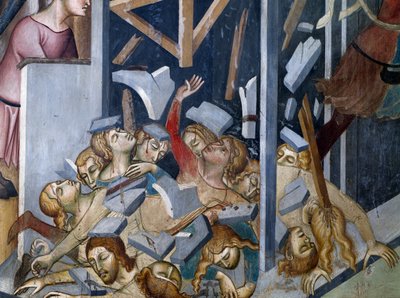 Val van het huis van Job, scène uit de Verhalen van het Oude Testament door also Manfredi de Battilori Bartolo di Fredi