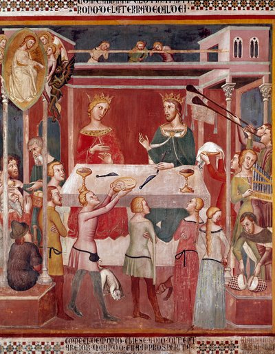 Hoe de Demon God vroeg om Job te beproeven in zijn voorspoedige tijd. Fresco door Bartolo di Fredi (of Manfredi De Battilori) (1330-1410) Collegiale de San Gimignano, Italië door also Manfredi de Battilori Bartolo di Fredi