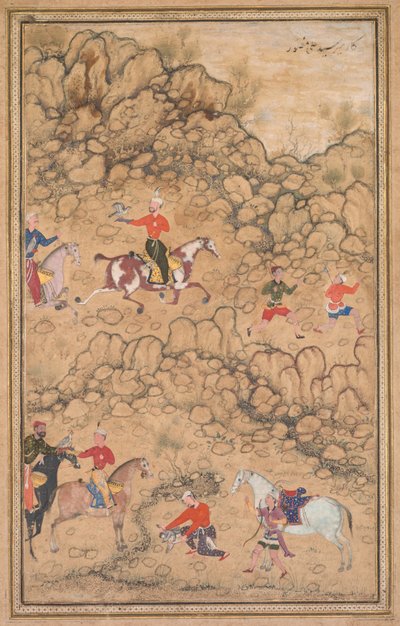 Jacht met valken in een landschap (recto) door attributed to Abd al Samad (Persian, c. 1510–1600)