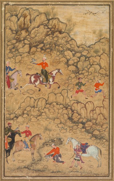 Jacht met valken in een landschap; Verso: Kalligrafie van Chaghatai Turkse gedichten ter ere van wijn, Sultan Muhammad Nur en Mirza Muhammad door attributed to Abd al Samad (Persian, c. 1510–1600)