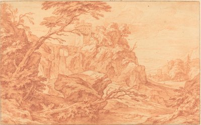 Een rotsachtig landschap met een stenen toren en een waterval door attributed to Adriaen Frans Boudewyns